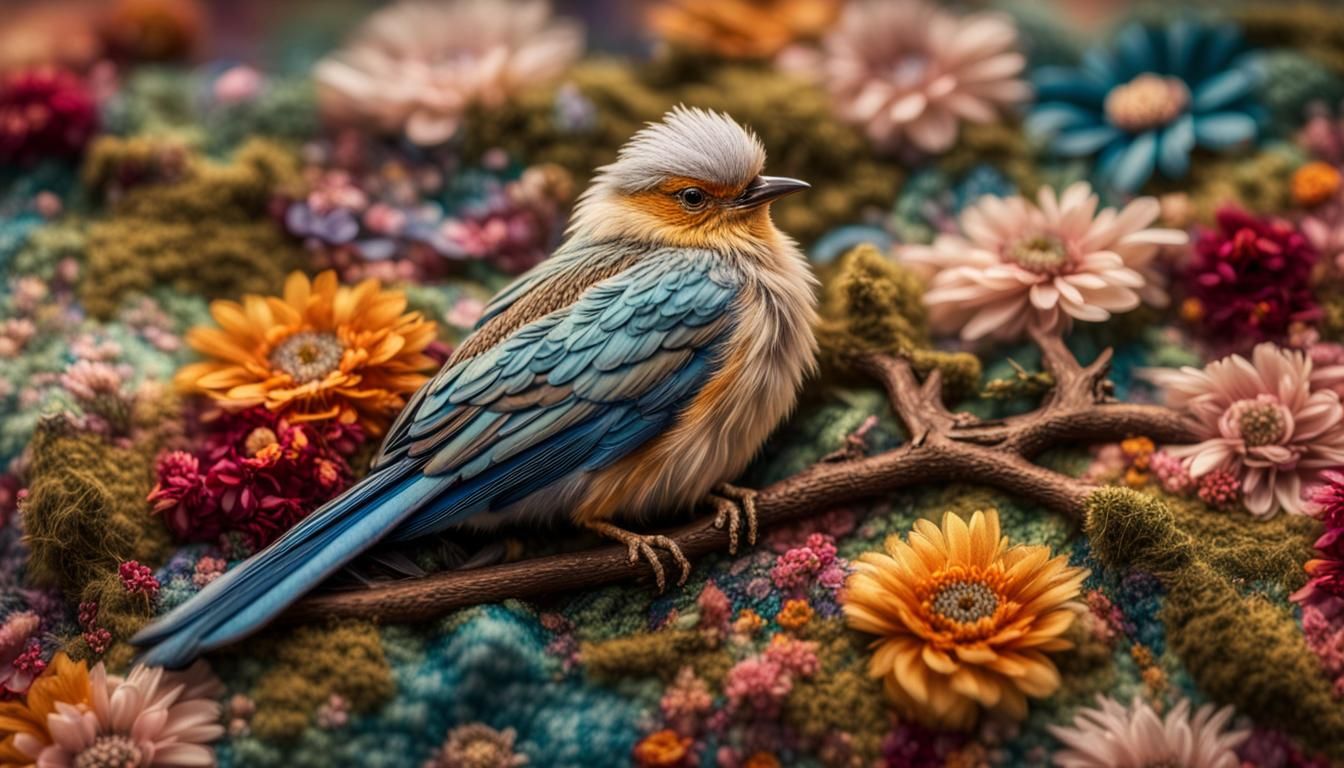 Bird on Mossy Branch Tapestry in Surreal Quilted Landscape