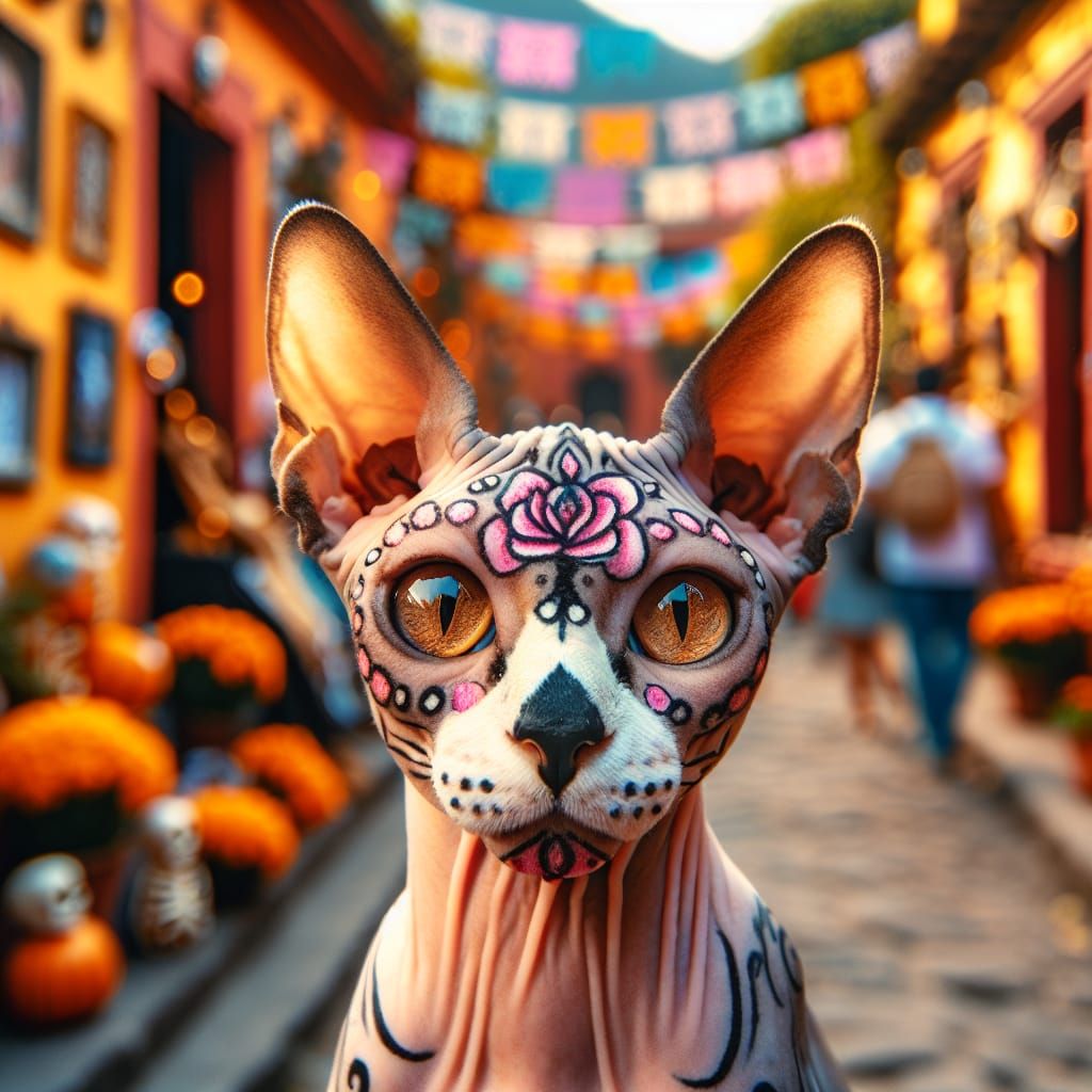 Macro shot of a beautiful sphynx cat wearing a Typ intricately colorful Día de los Muertos face paint, blurred Backgroun...