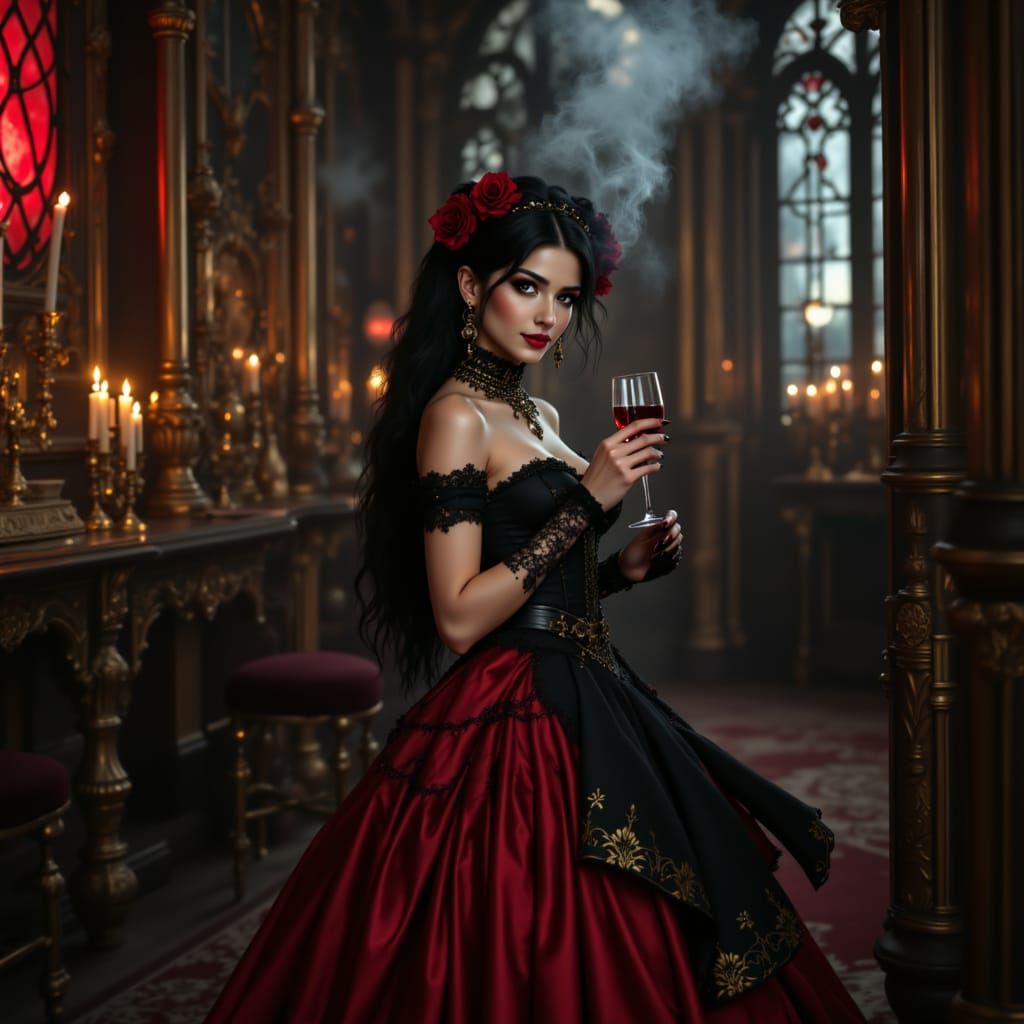 Elegant Gothic Woman with Sword and Wine