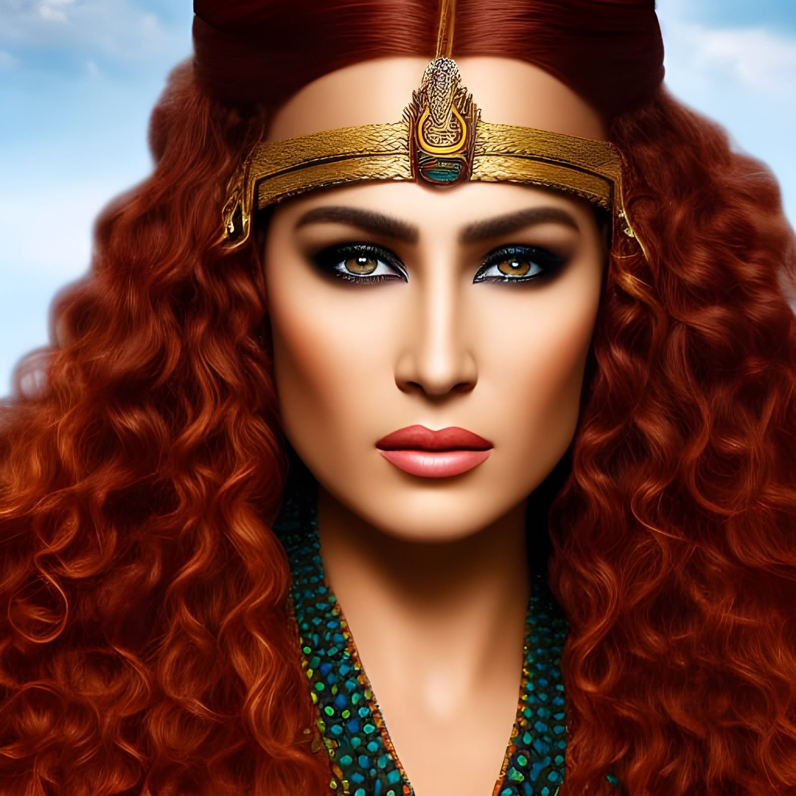 Hyperrealistic Cleopatra Portrait with Red Hair and Sunflowe...