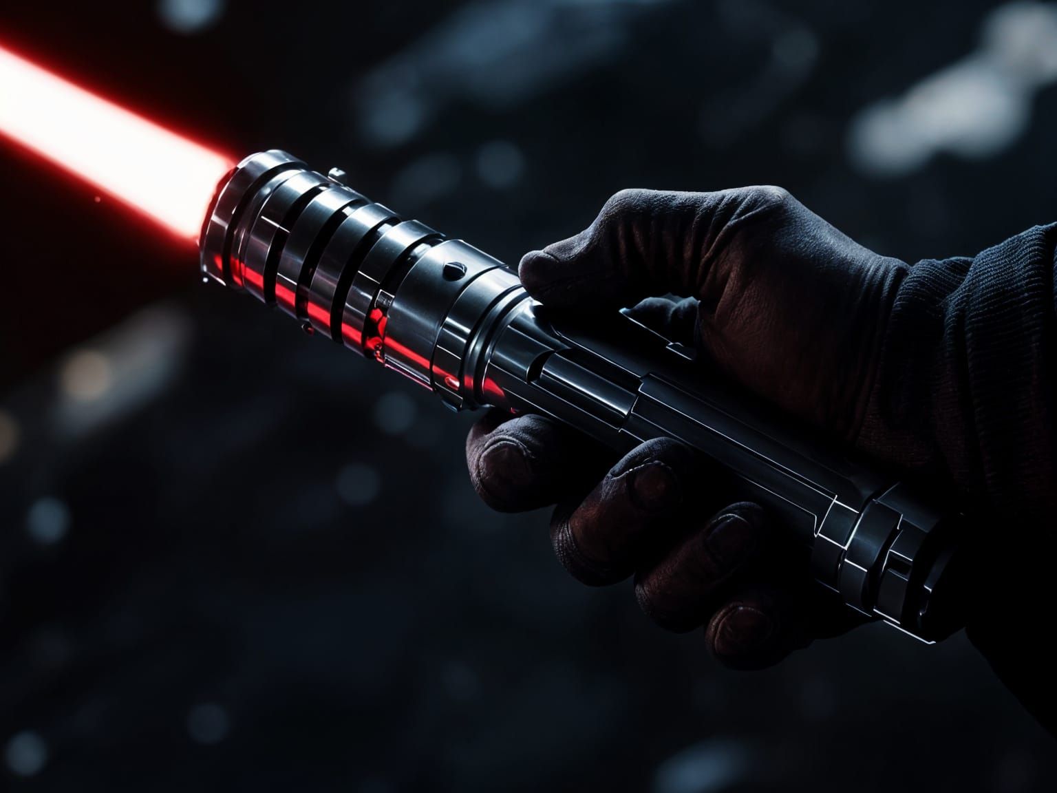 Sleek Silver Lightsaber Hilt Gripped in a Gloved Hand