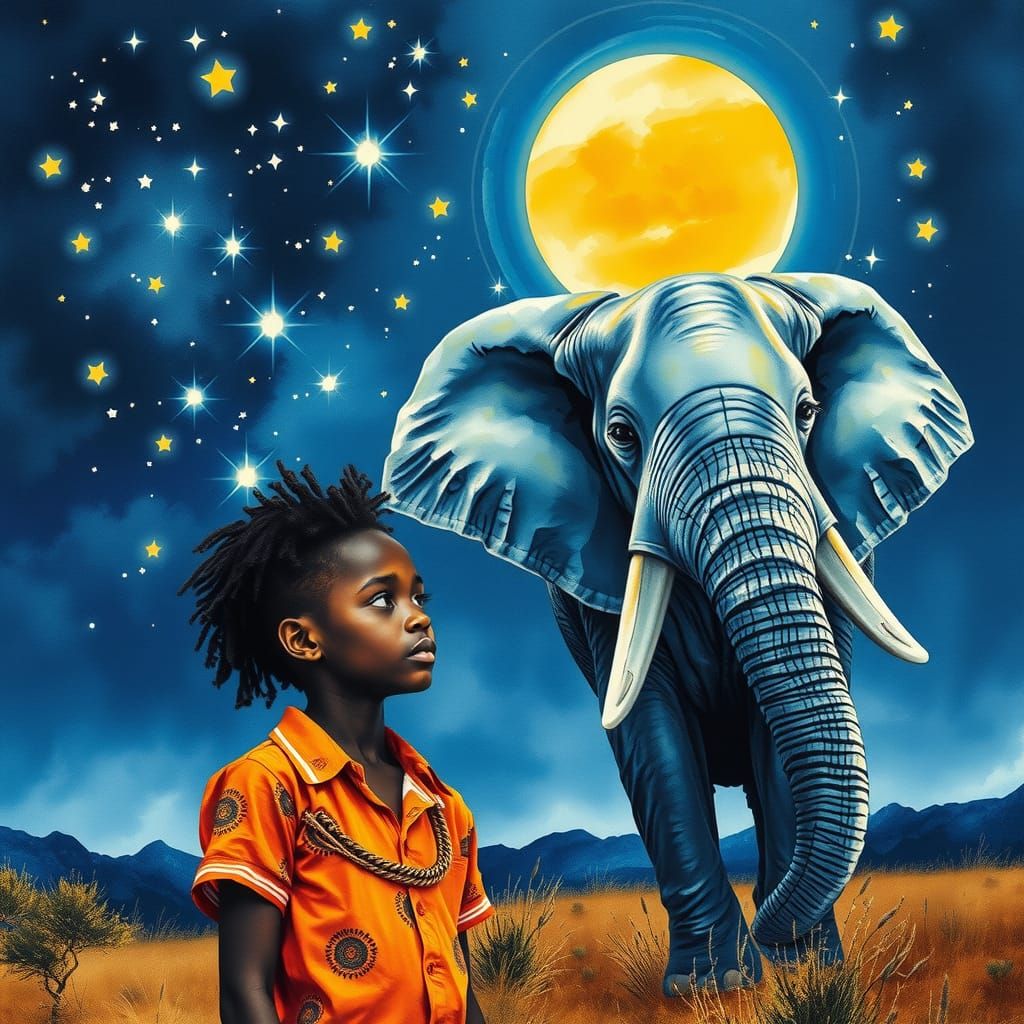 African Boy and Elephant in Watercolor Style
