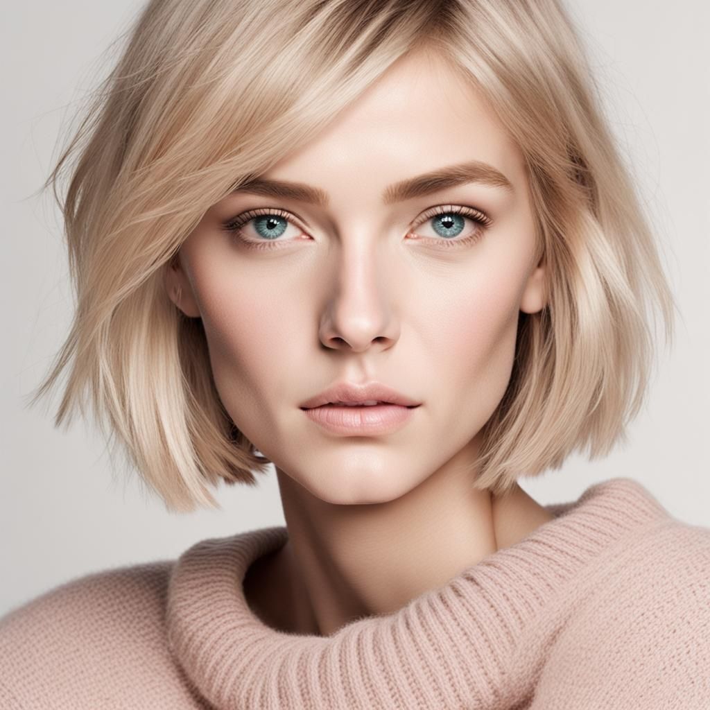 Blonde Girl with Bob Haircut and Pink Sweater