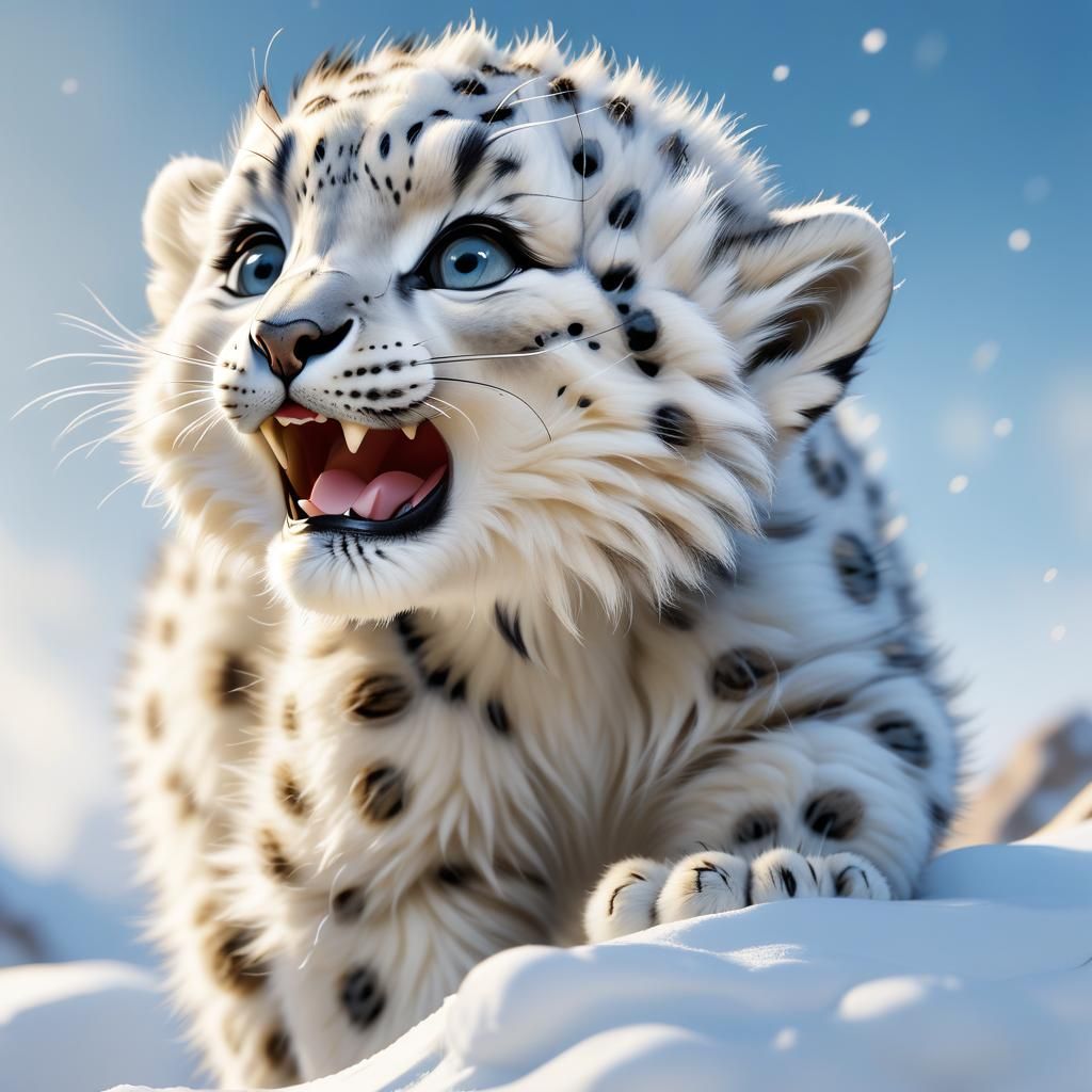 Laughing Snow Leopard Portrait in Cinematic CGI Style