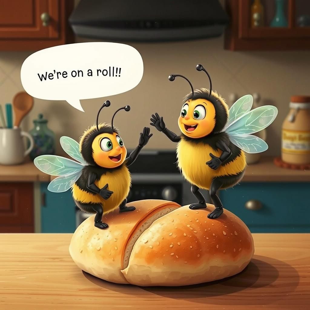Cartoon Bees High-Fiving on Bread Roll, Cute Illustration