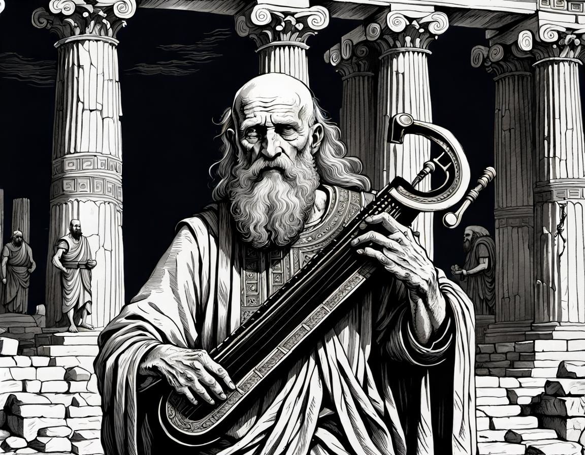 Greek Bard Sings Epic Tales: Gustave Doré Style