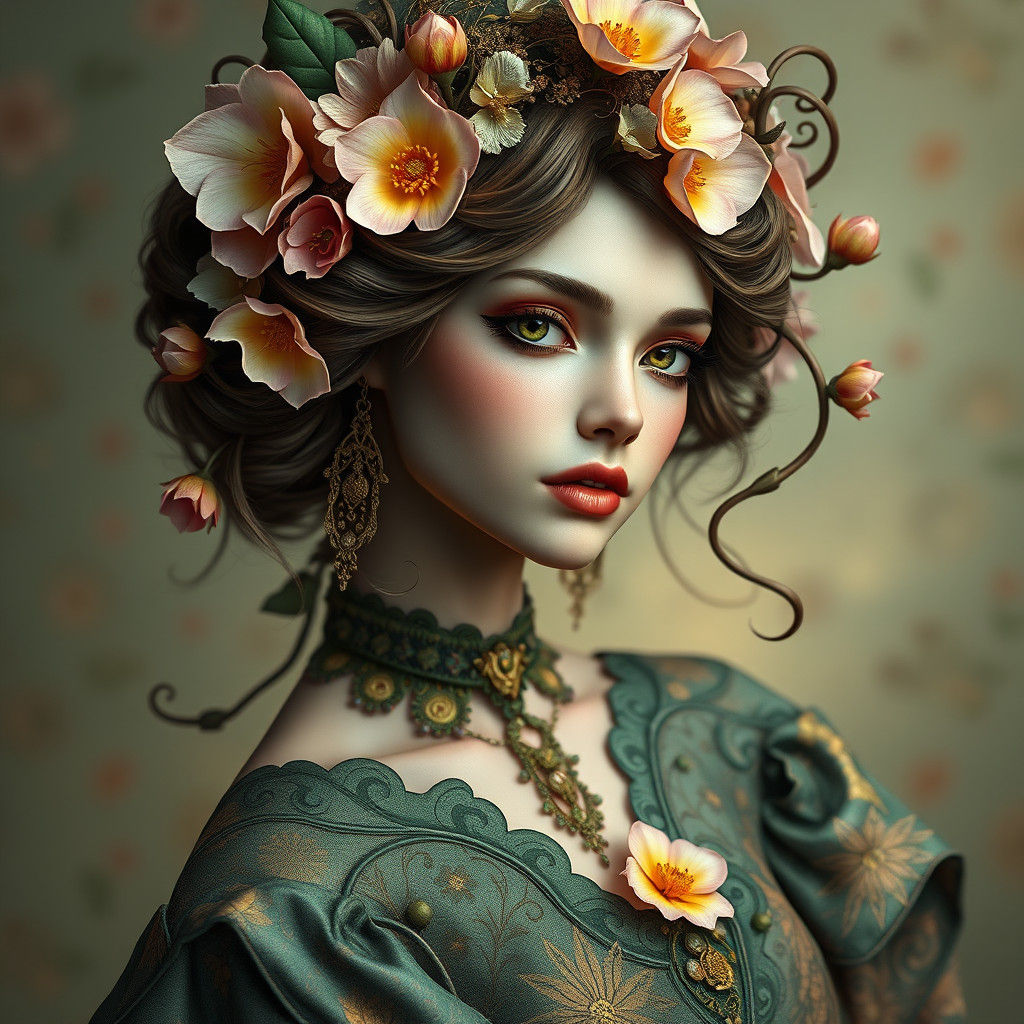 Fantasy Flower Girl Portrait in Art Nouveau Style