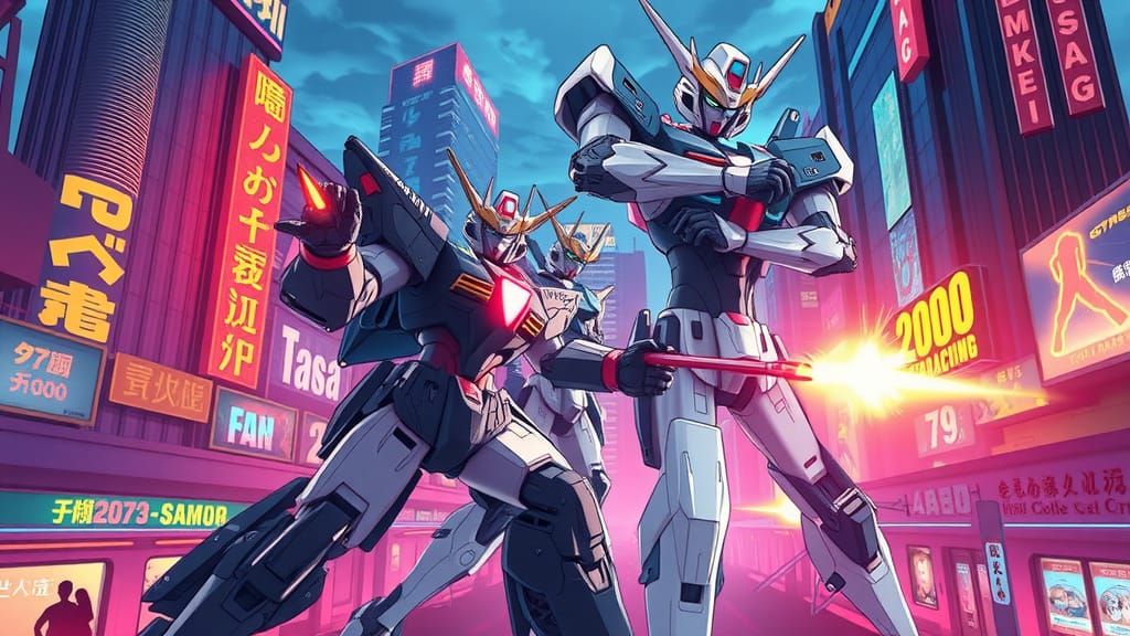 Anime Mecha Clash in Neon Cityscape