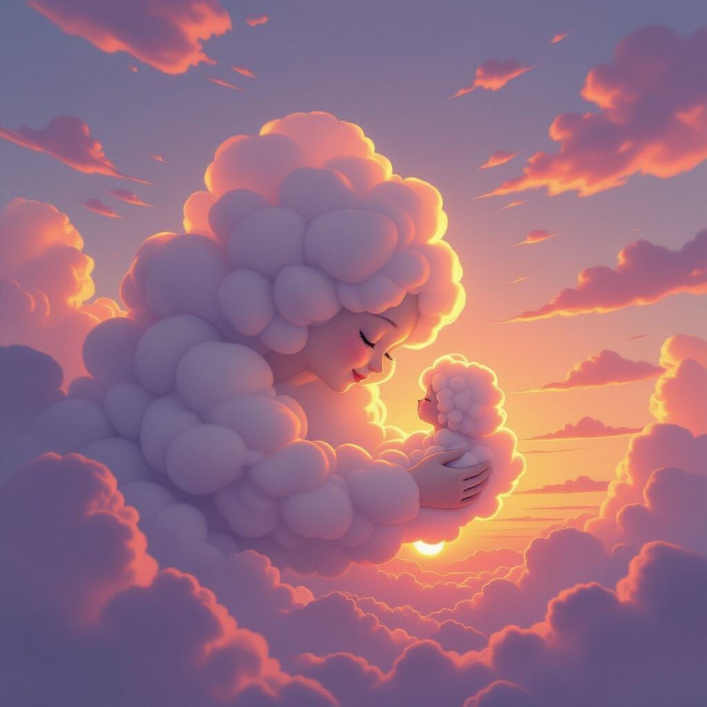 Mother Cloud Embraces Daughter Watching Sunset