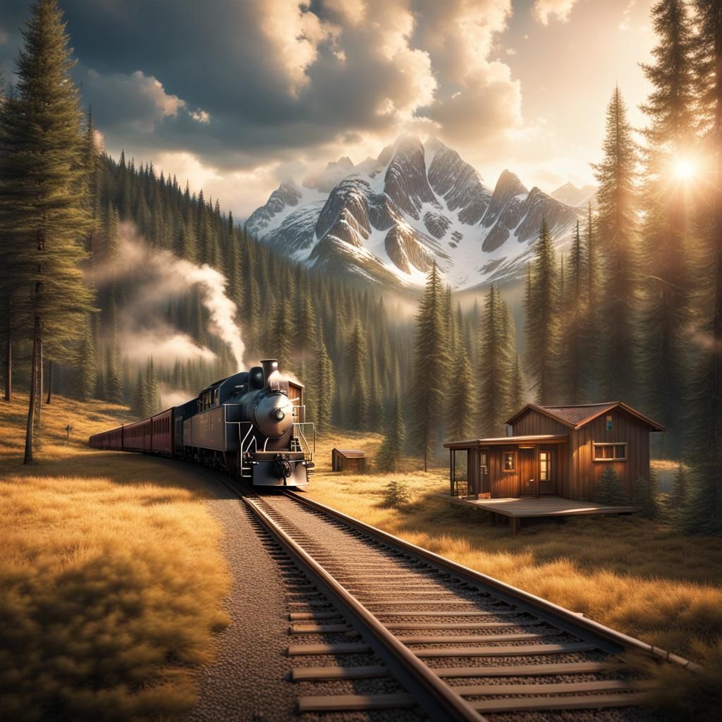 Scenic Mountain Train Journey in Golden Light
