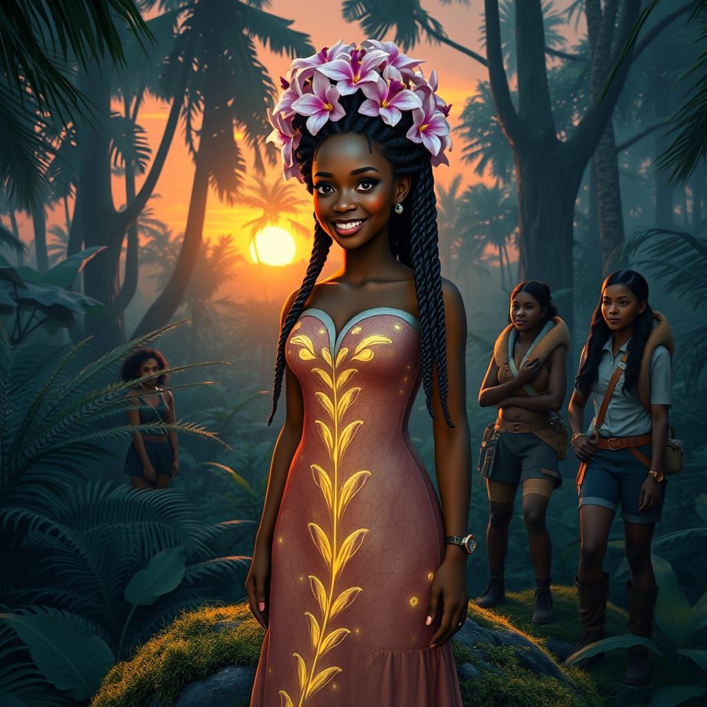 Amazonian Woman in Bio-Engineered Gown at Sunrise