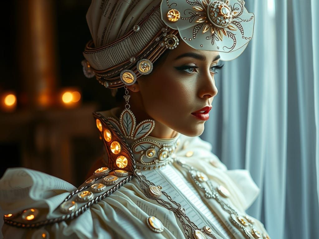 Haute Couture Newspaper Gown with Sparkling Diamond Buttons...