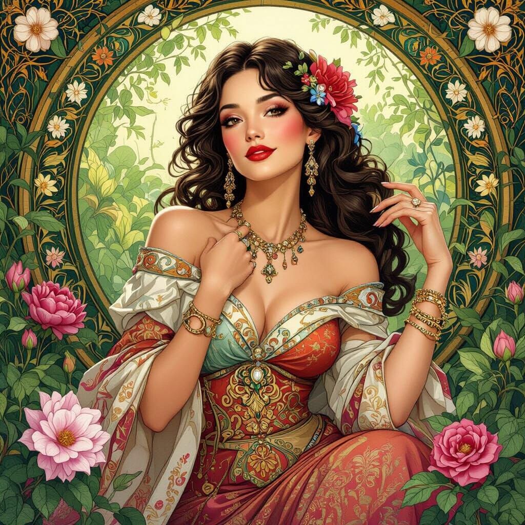 Prosperous Woman Surrounded by Lush Floral Abundance