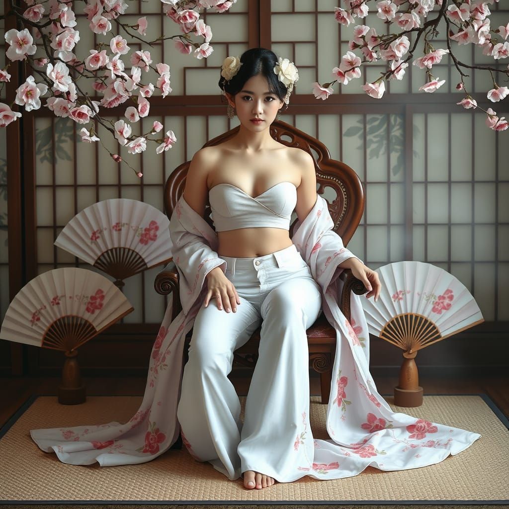 Geisha in Jeans Amidst Cherry Blossoms