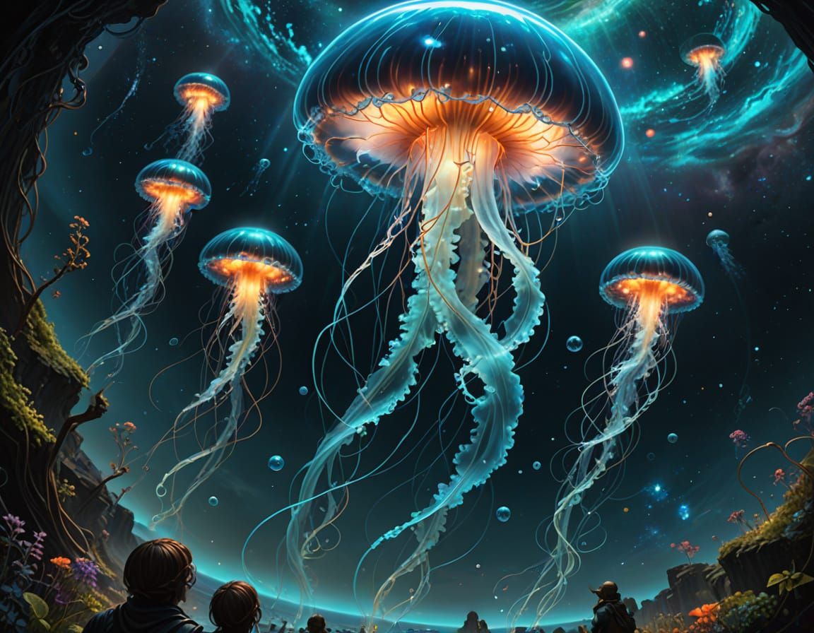 Bioluminescent Jellyfish Drifting Through Space as Fantasy A...