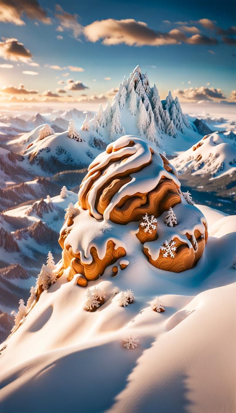 Une gigantesque profiterole surmontant une montagne enneigée