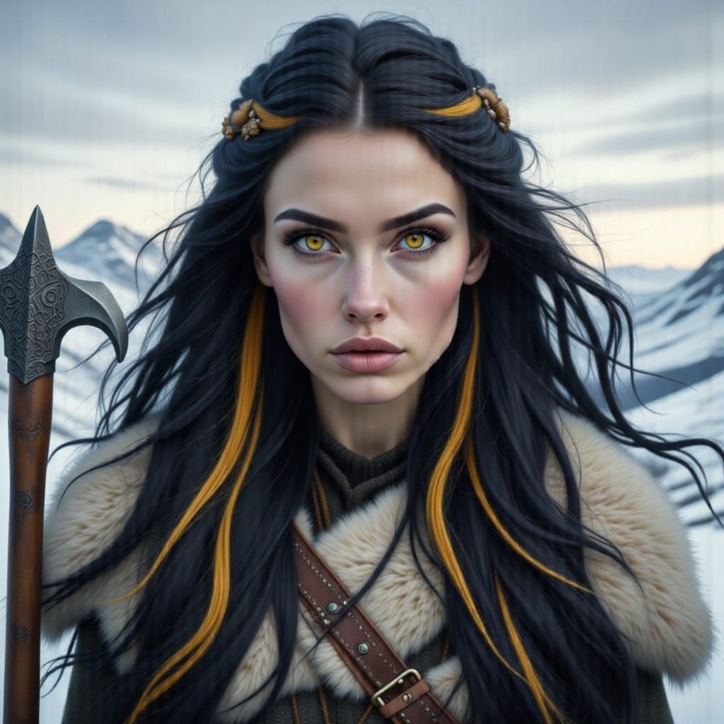 Fierce Female Viking Warrior on Snowy Mountain Peak