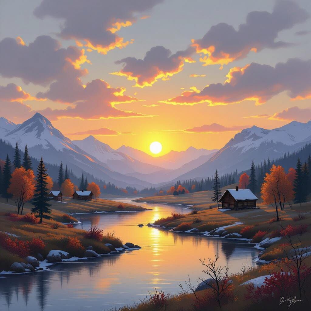 Autumn Sunset Landscape with River and Cabins