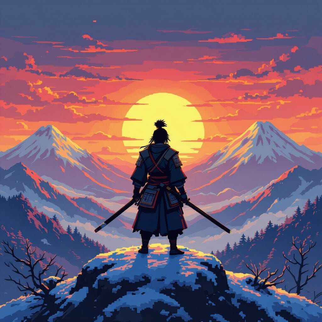 Pixelated Samurai Sunset: A 16-bit Fantasy
