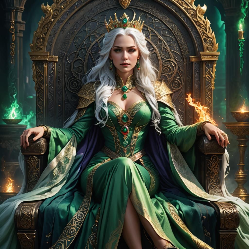 Regal Queen with Piercing Eyes on Ancient Throne