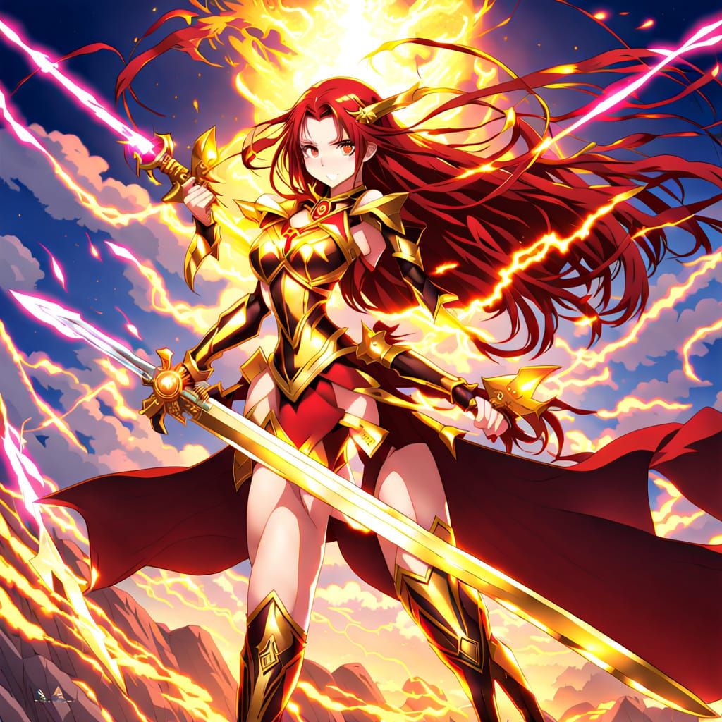 Anime Female Warriors with Red Lightning