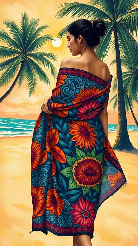 Exotic Woman in Indonesian Batik Sarong on Tropical Beach