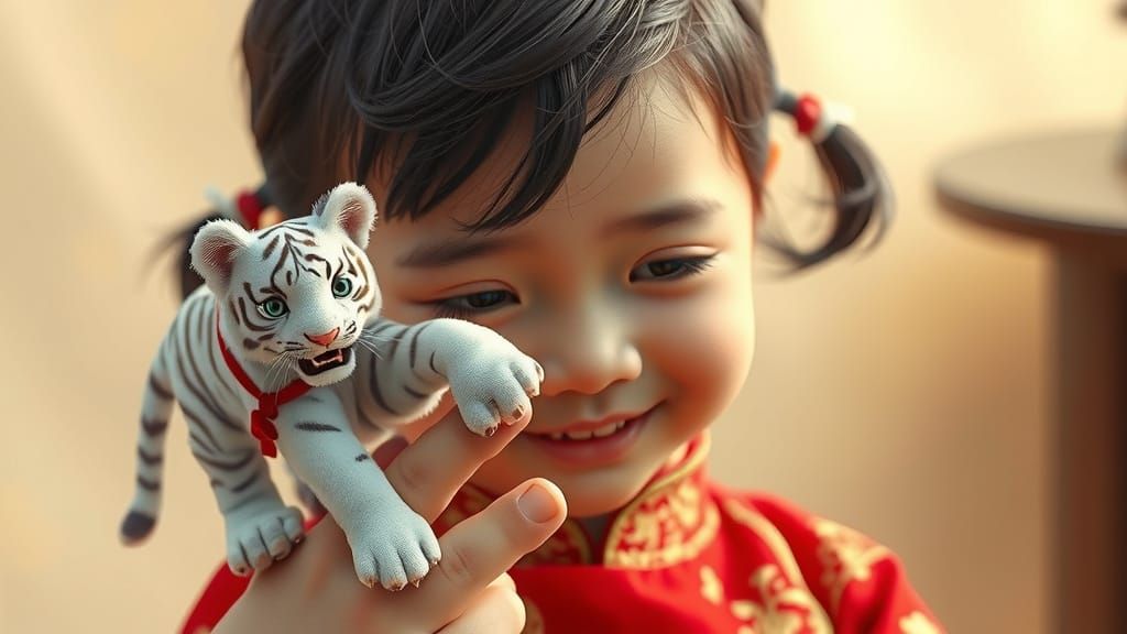 Tiny White Tiger on Child's Thumb in Whimsical Photorealism