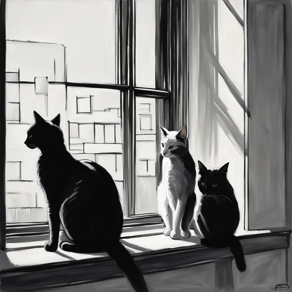 Monochrome Cats Gaze Out Window, Minimalist Oil Painting