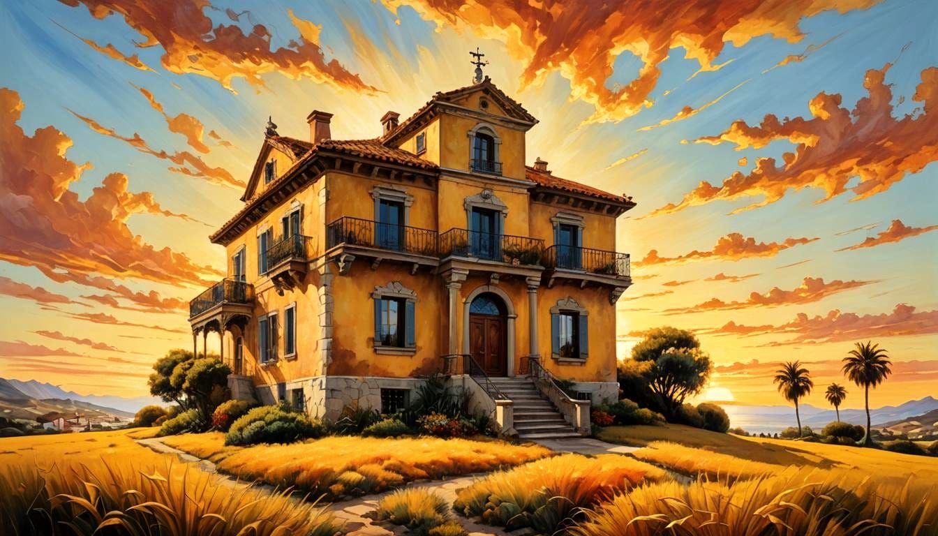 Spanish Colonial House at Sunset: Surreal Oil Painting