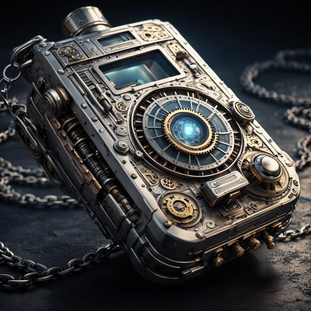 Platinum Steampunk Communicator: Cyberpunk Digital Art