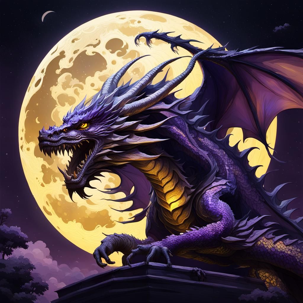 Majestic Dragon Soaring Under Full Moon in Fantasy Art