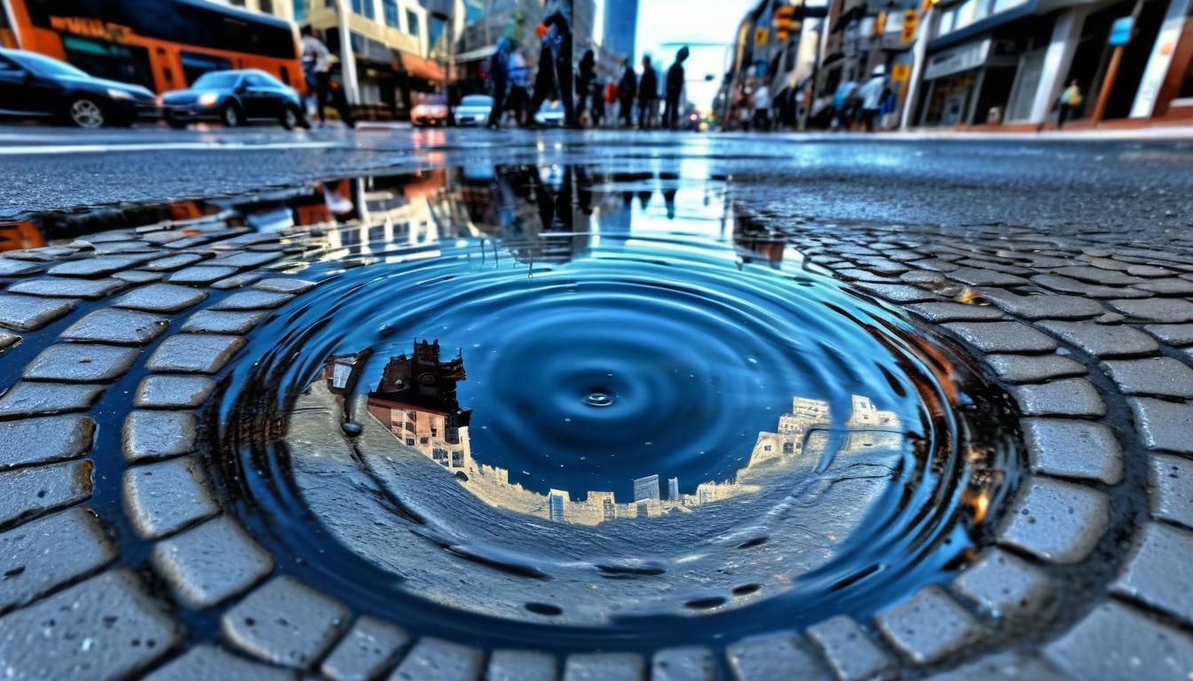 City Street Reflected in Rippled Puddle