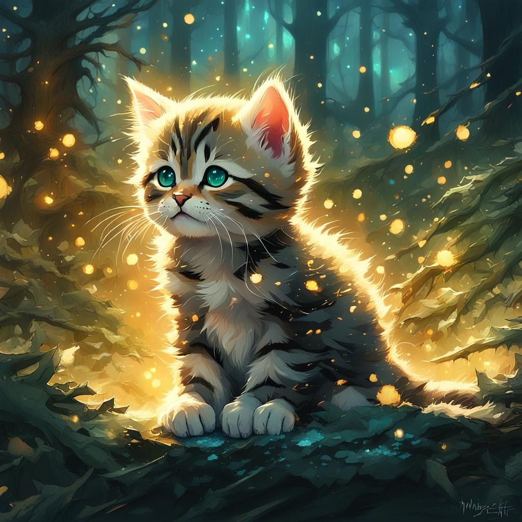 Adorable Tabby Kitten in Magical Forest, Digital Art