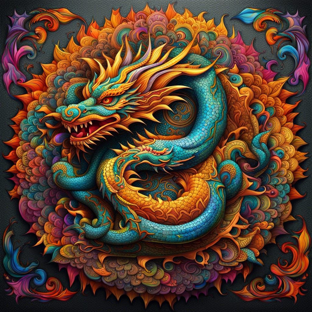 Detailed Mandala Art: Sacred Dragon in Abstract Fractal Styl...