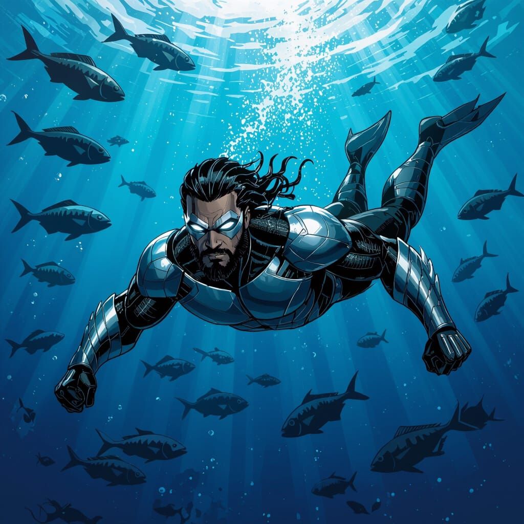 Black Aquaman in Armored Suit: Comic Book Art