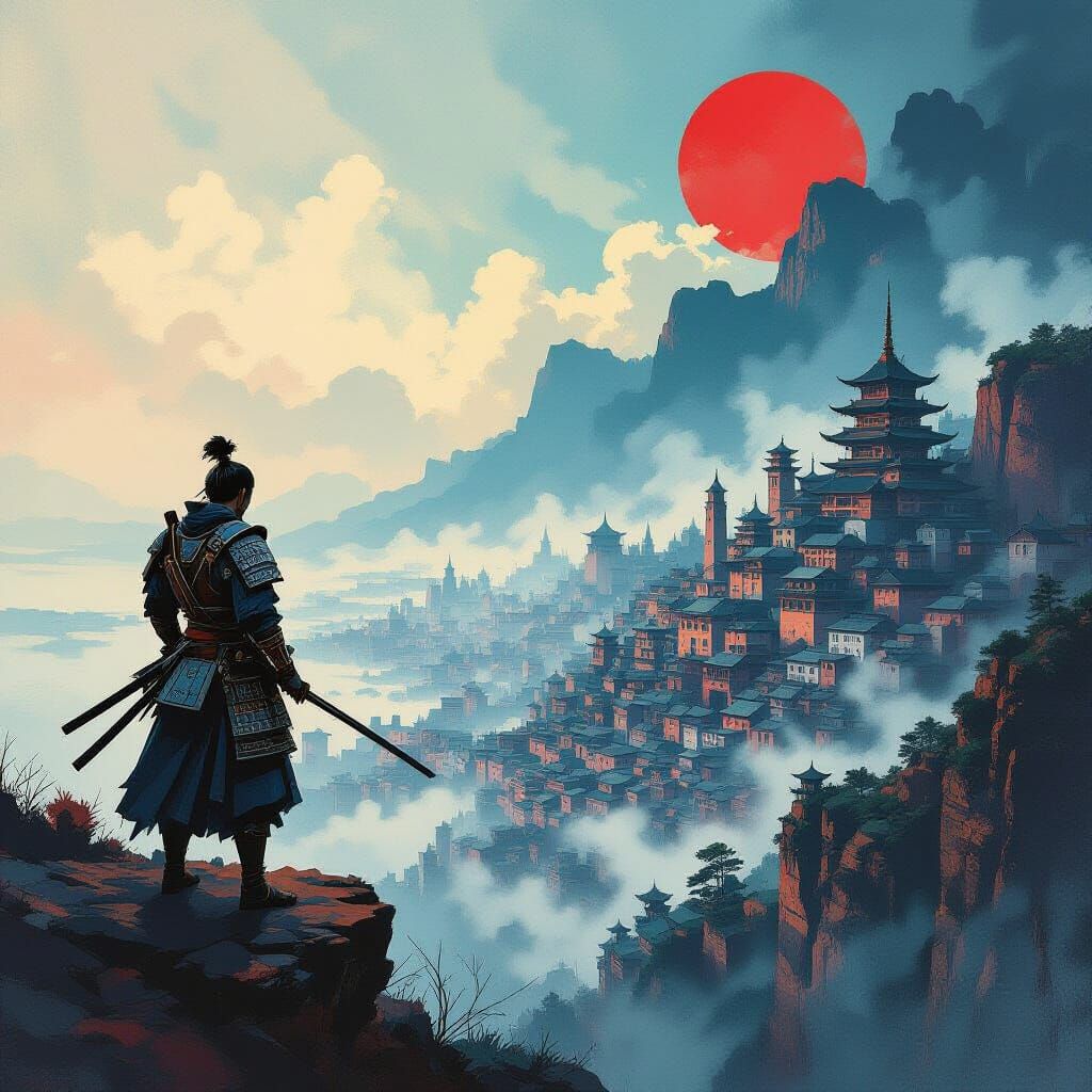 A lonely samurai warrior stands on a windswept cliff overloo...