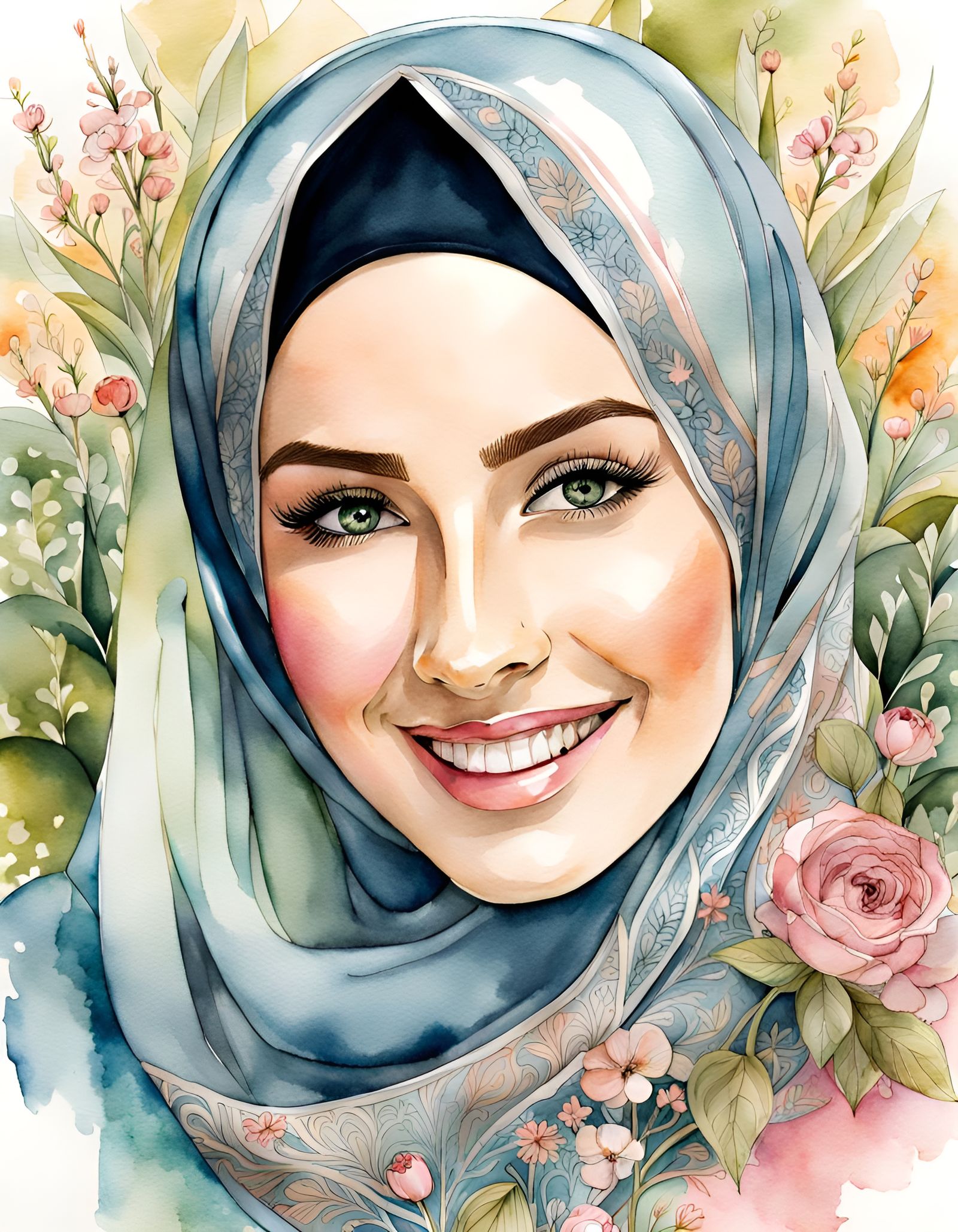 Watercolor Portrait: Beautiful Woman in Hijab