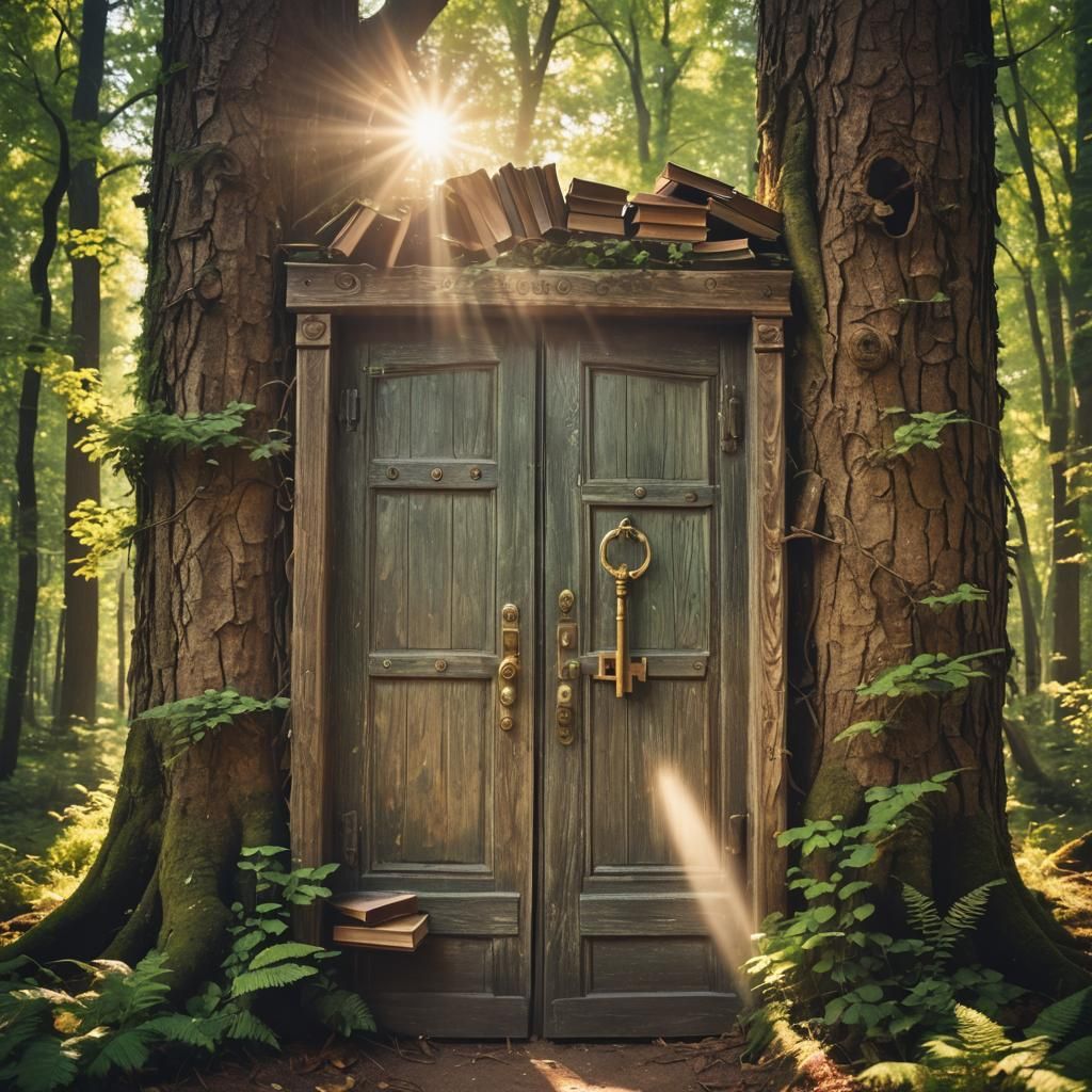 Enigmatic Doorway in Sunlit Forest