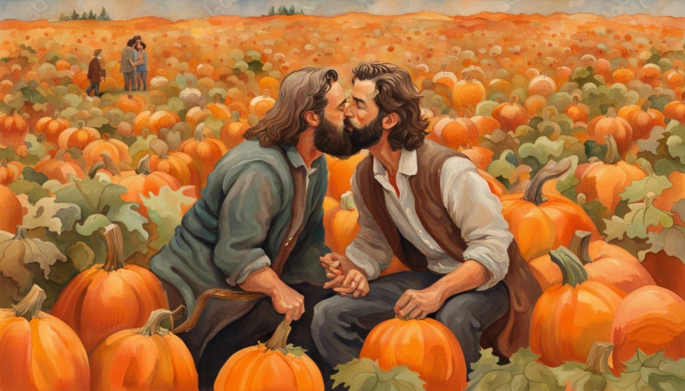 Men Kissing in Pumpkin Patch, Rockwell Style
