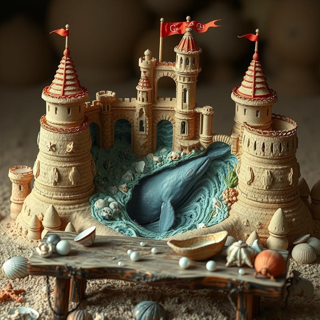 Intricate Sandcastle with Underwater Kingdom, Fantasy Art