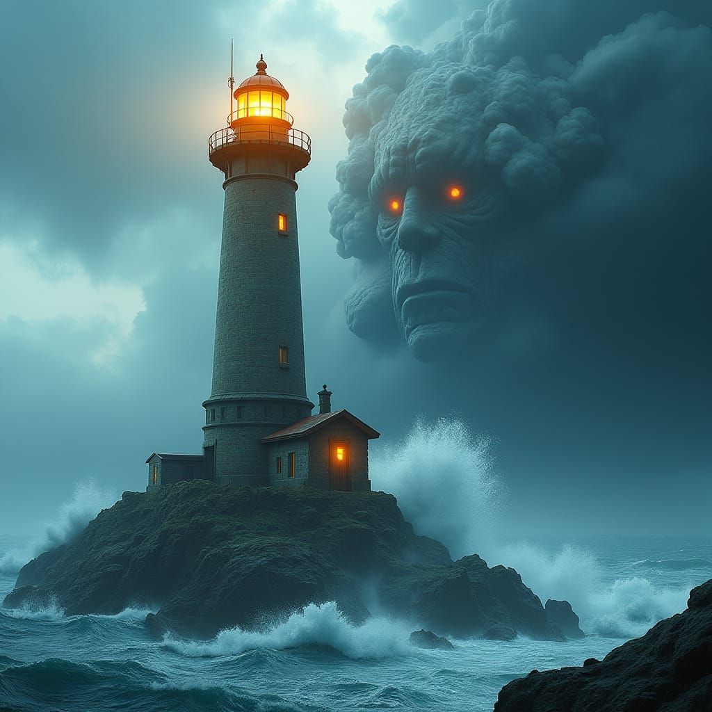 Lighthouse Confronts Storm with Biomechanical Sky