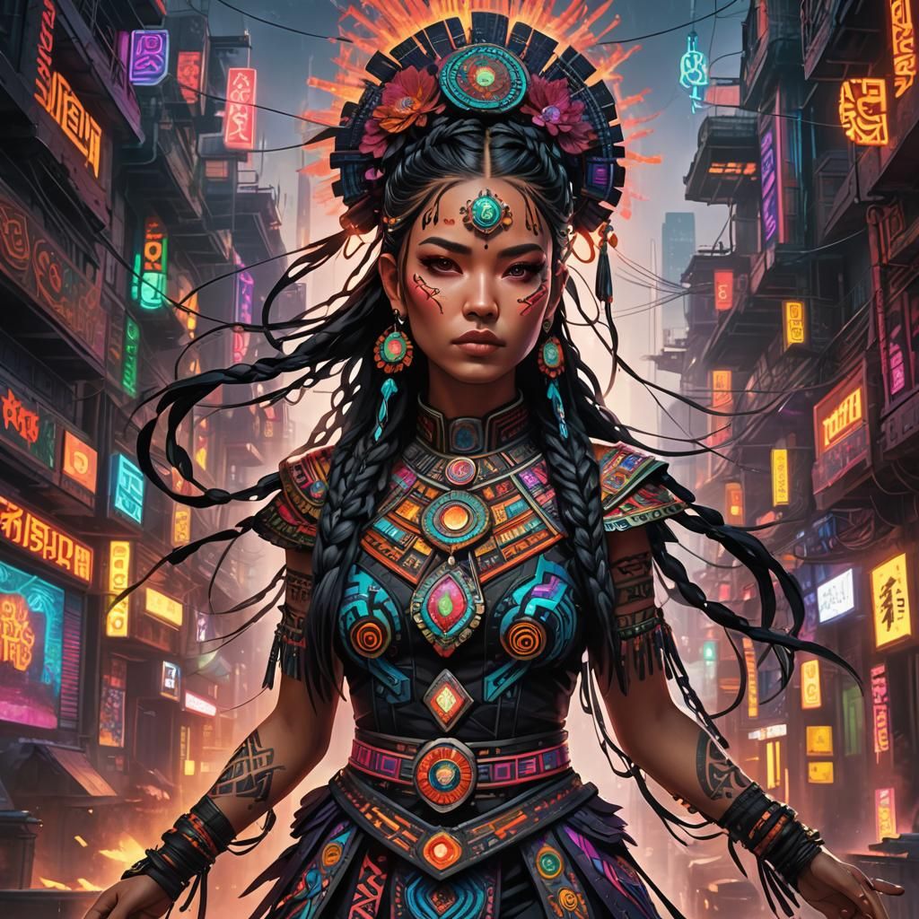 Mexican-Chinese Woman in Cyberpunk Cityscape, Anime Style