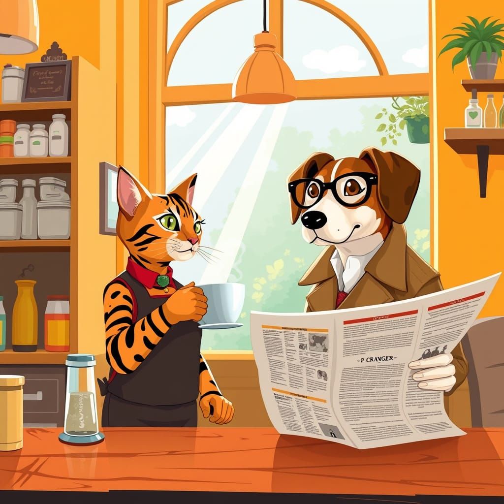 Whimsical Cafe Scene: Bengal Cat Barista Serves Coffee to Bo...