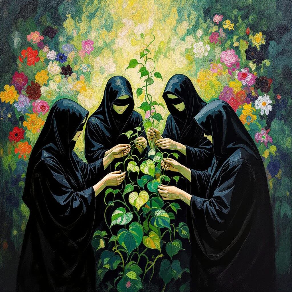 A dark impressionist oil painting captures blindfolded garde...