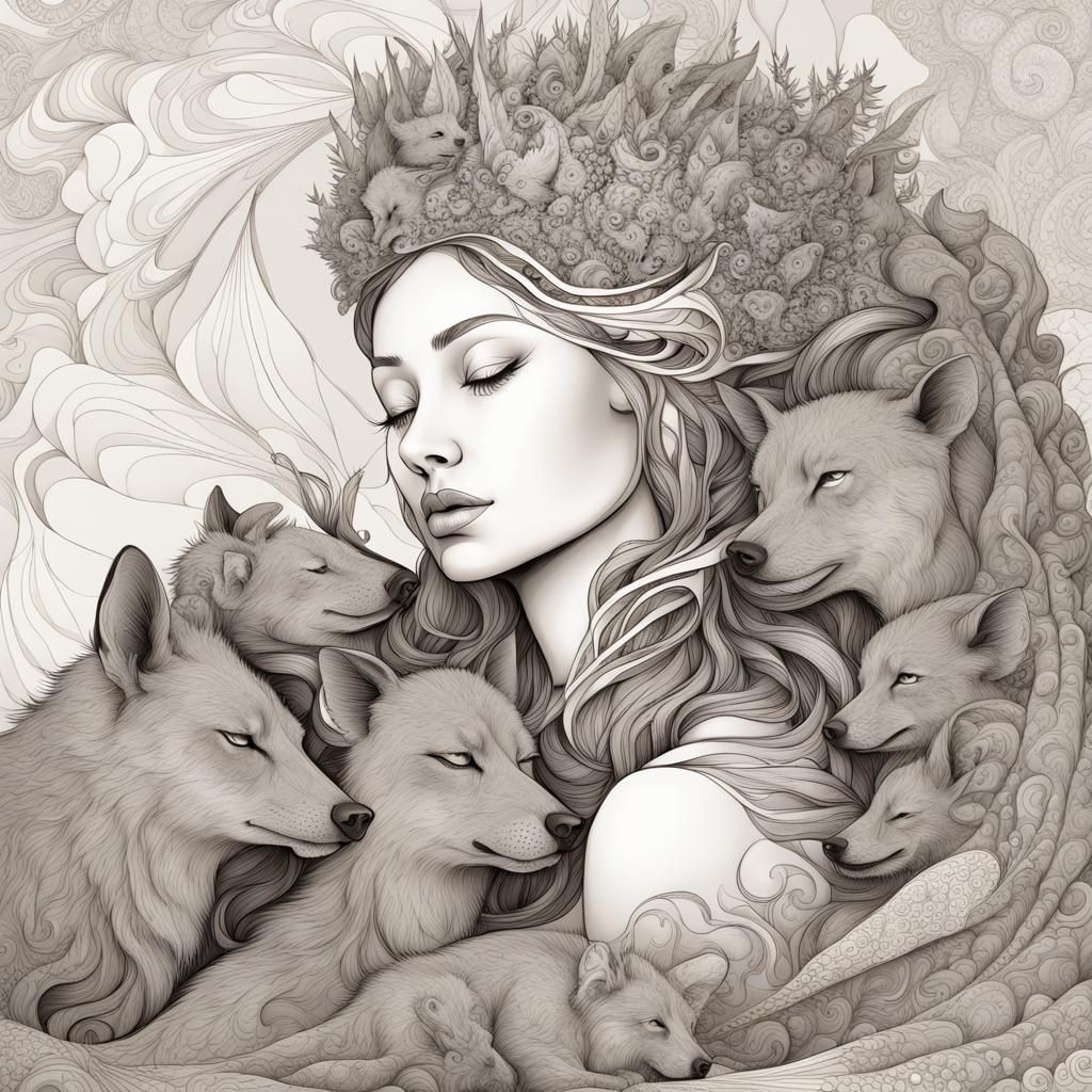 Fairy Queen Surrounded by Sleeping Hyenas