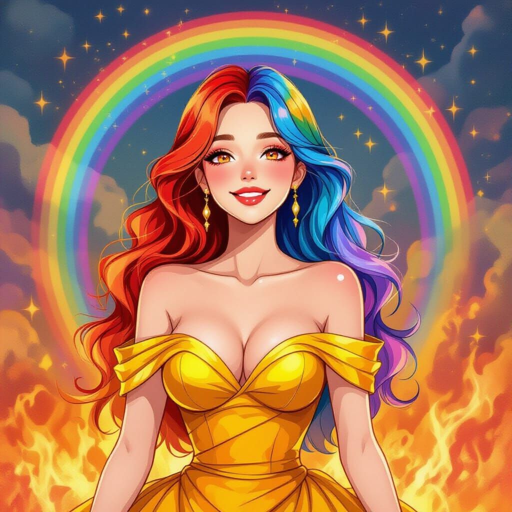 Rainbow Haired Woman in Golden Dress Amidst Fiery Rainbows
