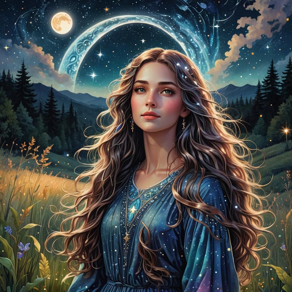 Woman Gazing at Starry Night Sky with Waterfalls