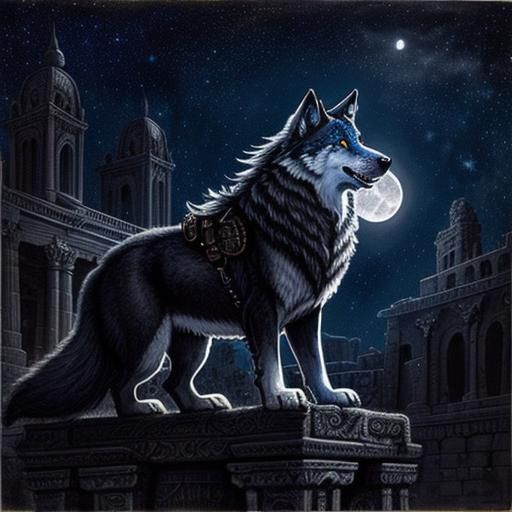 Steampunk Wolf Under Starry Sky in Charcoal Style