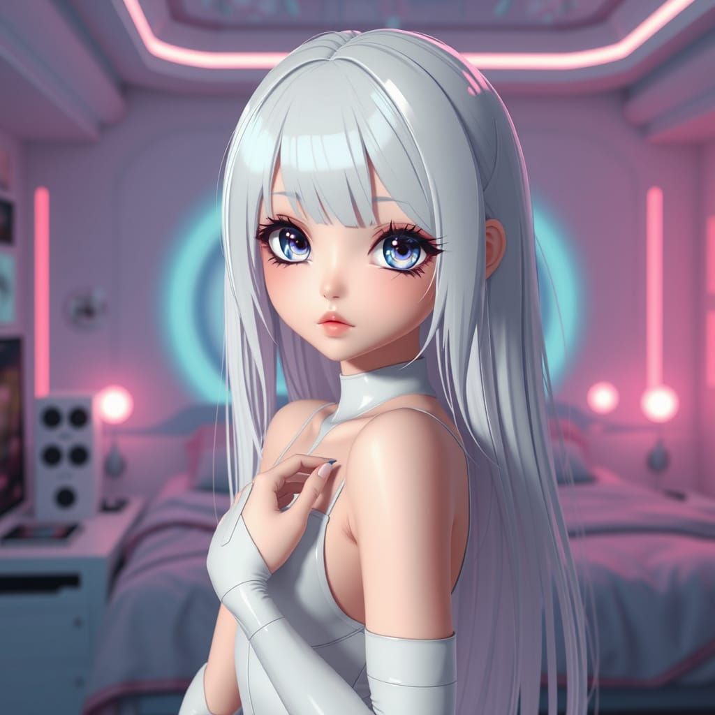 Anime Girl in Cyberpunk Bedroom with Soft Lighting