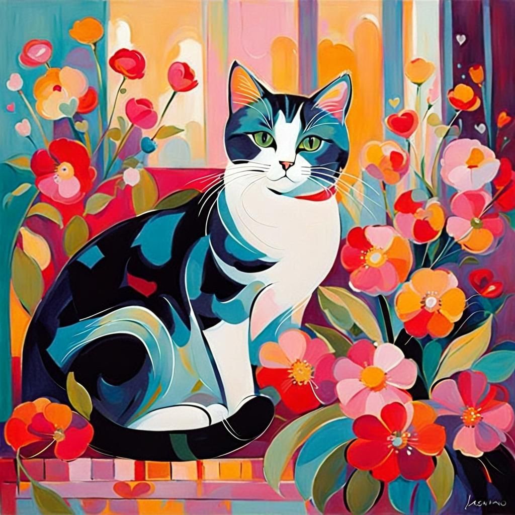 Cat Surrounded by Flowers in Impressionist Style